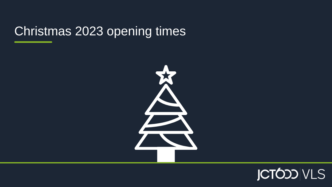 Blue background with white Christmas tree silhouette and "Christmas 2023 opening times" title used as page header